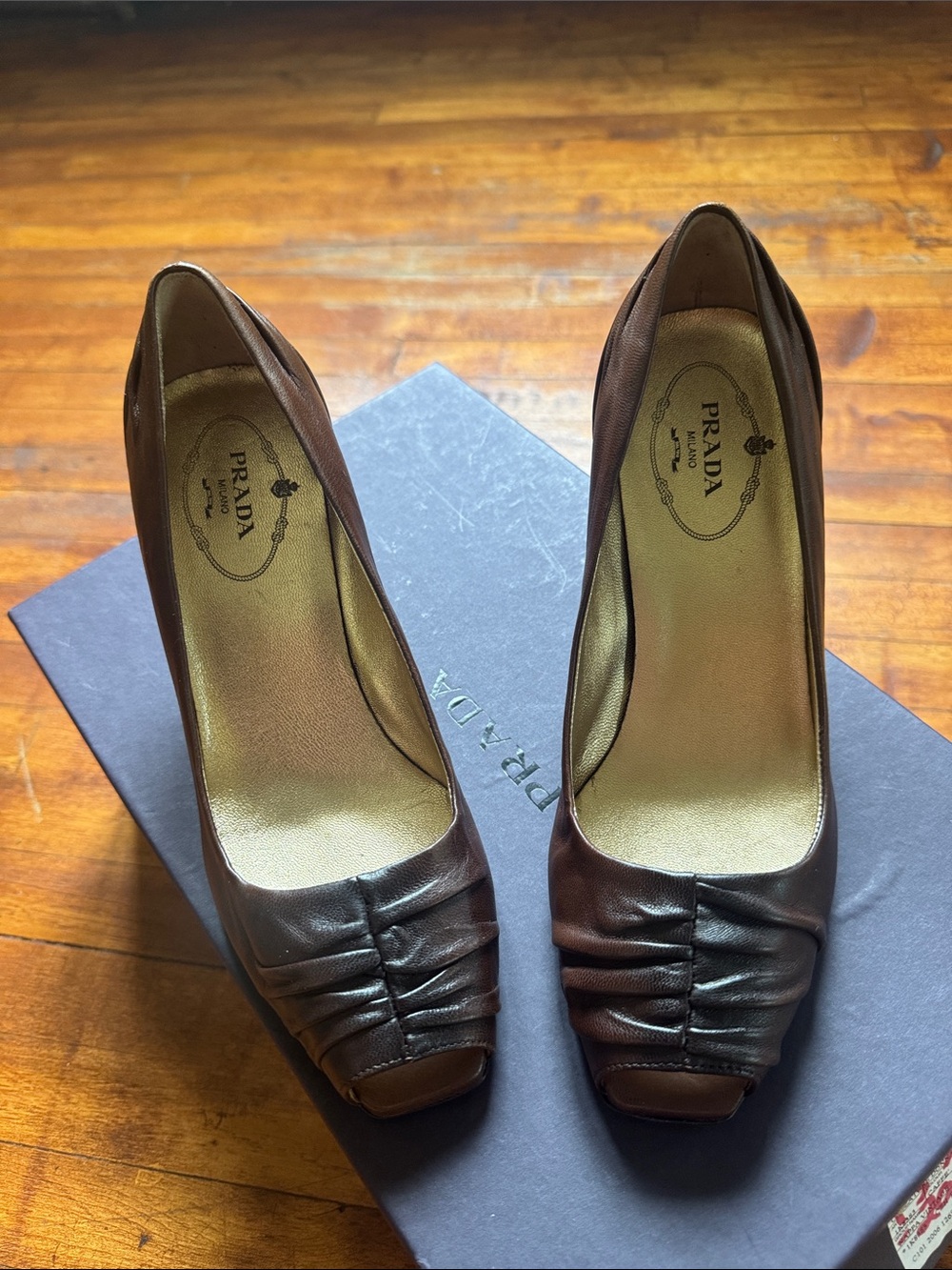 Prada Dark Brown Leather Peep-Toe Pumps